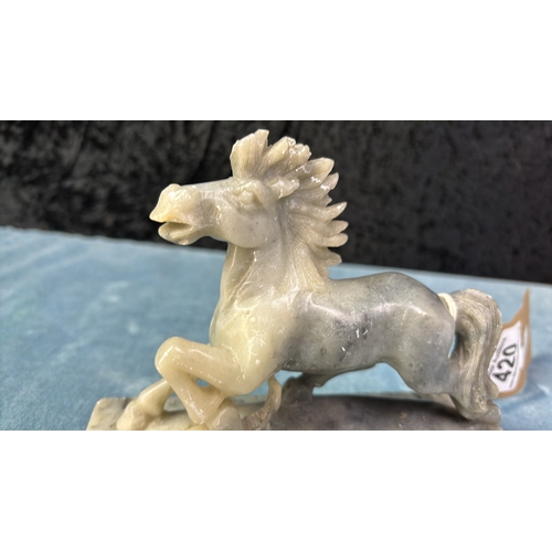 420 - Striking carved marble stone horse with integral attractive bracketed base stand H12cm