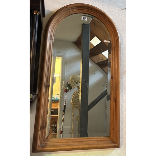 456 - Pine framed bevel edged mirror. Frame approx 90cm x 52cm