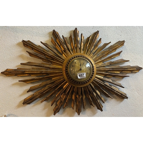 457 - Fabulous vintage sunburst clock (no key, some chips and one split, see photos), approx 44cm x 75cm