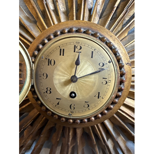 457 - Fabulous vintage sunburst clock (no key, some chips and one split, see photos), approx 44cm x 75cm