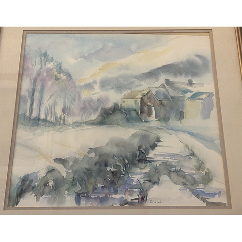 460 - Framed watercolour painting of a ‘Dartmoor Farm in Winter’ by Sheila West, frame approx 55cm x 57cm