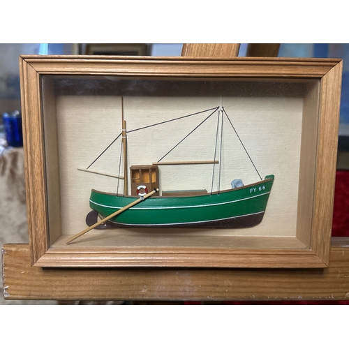 463 - Three framed wooden hand painted boat/ship cravings including a steam ship, a trawler and a lifeboat... 