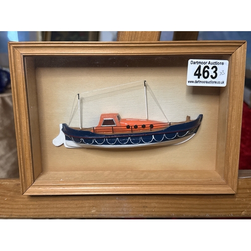 463 - Three framed wooden hand painted boat/ship cravings including a steam ship, a trawler and a lifeboat... 