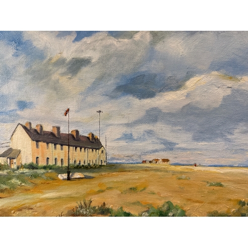 473 - Framed oil on board entitled ‘Shingle Street Suffolk’ by Pauline Kensett, frame approx 43cm x 52.5cm