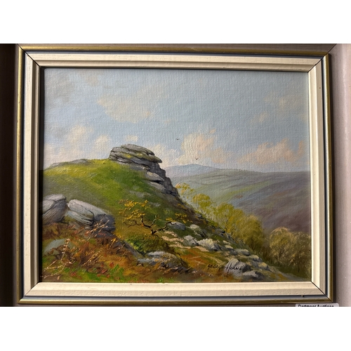 475 - Pair of framed acrylic on board painting of Dartmoor scenes - Bench Tor and Grenofen Bridge by Georg... 