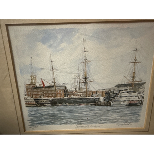 477 - Framed limited edition print of Portsmouth Harbour depicting HMS Warrior in the foreground and the m... 