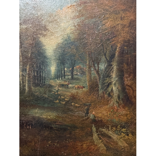 491 - Oil on canvas painting of a woodland scene, with a logger on horse and cart, figures by a riverbank ... 