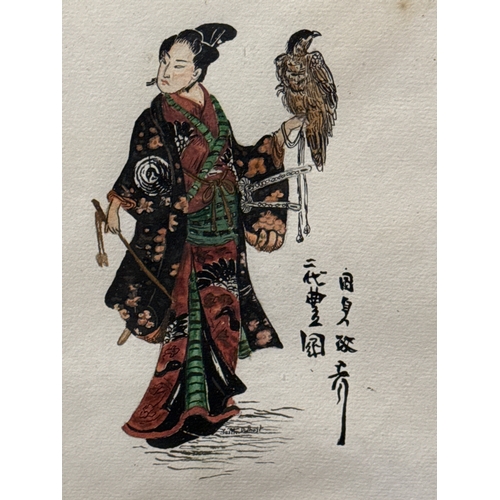 494 - c19th Century pen and ink / watercolour painting of a Japanese hawker with bird, Indistinctly signed... 