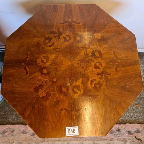 548 - Elegant hexagonal occasion tri footed pedestal table with pretty floral inlay H70cm x W47cm