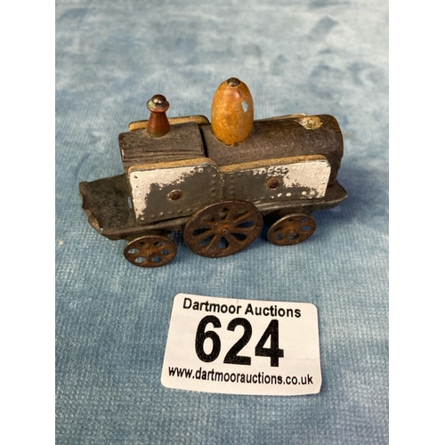 624 - Miniature metal and wood model train engine, approx 7cm x 4.5cm