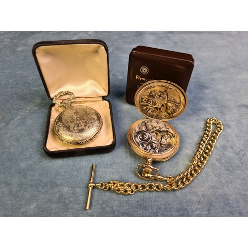 652 - Elgin gold tone pocket watch and Albert chain in working order along with a Citron steam train desig... 