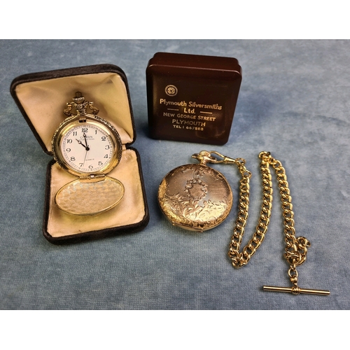 652 - Elgin gold tone pocket watch and Albert chain in working order along with a Citron steam train desig... 