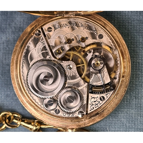 652 - Elgin gold tone pocket watch and Albert chain in working order along with a Citron steam train desig... 