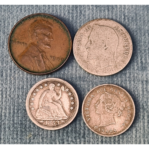 717 - Napoleon 111 10 cents 1867 (worn); US half dime (1853 fine); US one cent 1940 (fine); Canadian 5 cen... 