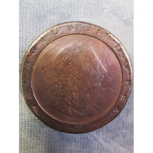 724 - George 111 Cartwheel Penny. Worn but lettering visible. 53 grams.