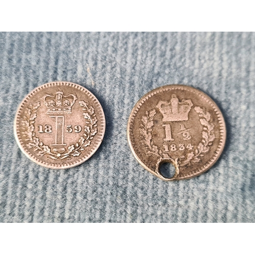 730 - Queen Victoria silver penny 1859. Very fine + William IV silver penny halfpenny (with hole).