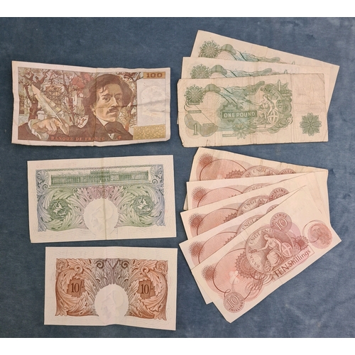 742 - Old Ten Shilling and One Pound notes along with a French 100 Franc note