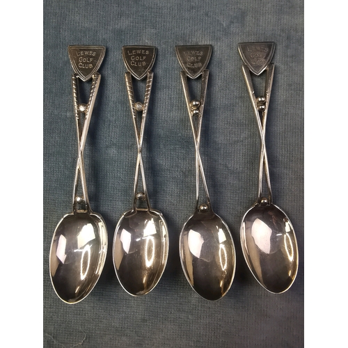 750 - 4 stunning silver teaspoons from Lewes Golf Club. Each is slightly different and decorated with golf... 