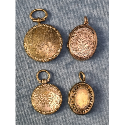 759 - 4 various yellow metal lockets. 2 are mourning lockets containing braided hair.