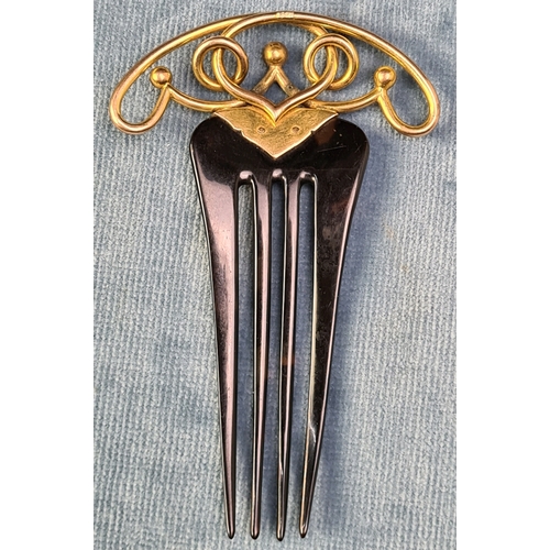 778 - Antique tortoiseshell style hair slide with Art Nouveau style 9 carat gold decoration. 9 grams total... 