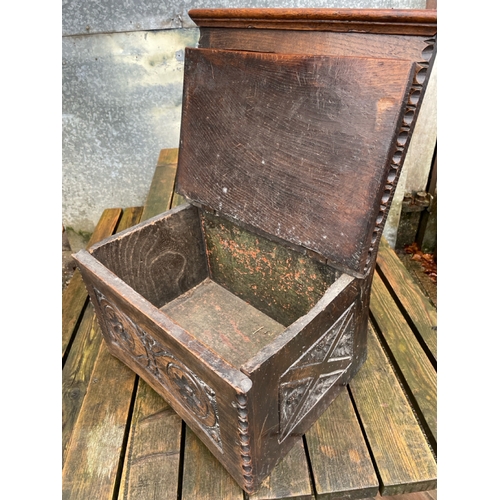 807 - Heavily carved arts & crafts medieval revival style oak small seat/box with hinged lid.  Ideal for u... 