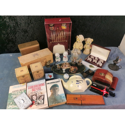 923 - Very interesting Lot of homeware inc glass elephants, Fortnum and Mason box, wooden tea caddies and ... 