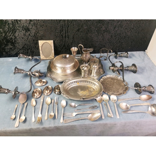 927 - Good collection of interesting plate items inc candelabra, trays, tableware etc