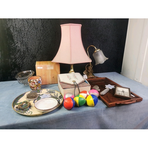 952 - A real eclectic mix of homeware goods inc 2  pretty table lamps, an interesting wooden tray and load... 