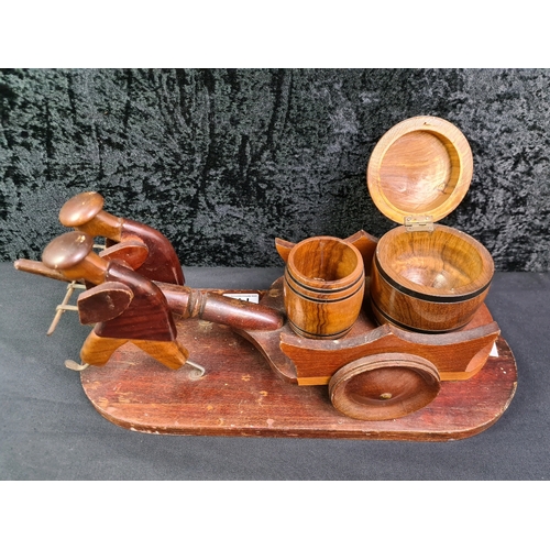 144 - Vintage Chinese wooden model of two men pulling a barrel car