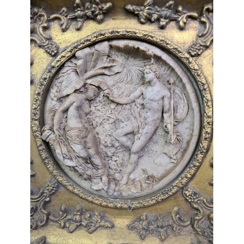 15 - Antique alabaster wall plaque with a relief scene depicting Oberon and Titiana in an ornate gilt fra... 