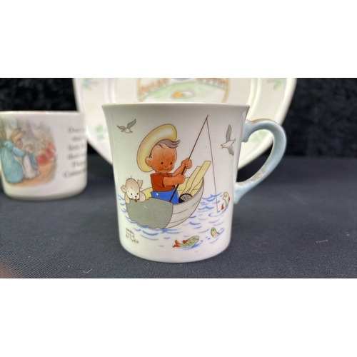 170 - J Pauper hand painted plate with Shelley 'Fisherman Joe' bone china cup and Wedgwood Peter Rabbit cu... 