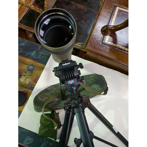 198 - Very tidy Velbon D-600 Video tripod stand, with Kowa TSN-2 telescope, neck strap, 40x/60x and 20x wi... 