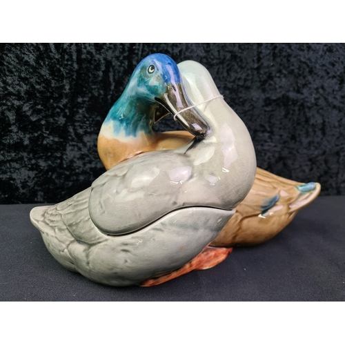 20 - Antique (c1920s) French majolica tureen depicting two entwined ducks by Sarreguemines pottery, appro... 