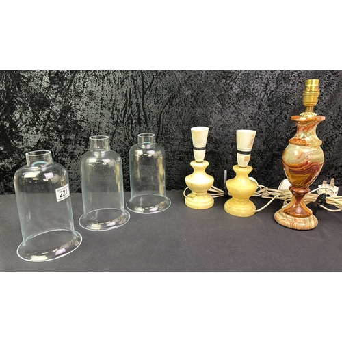 221 - Three pretty onyx based lamps with 3 glass funnel shades