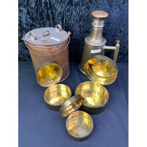 227 - An unusual collection of brass items inc an antique sprinkler, canisters and a storage pot with inte... 