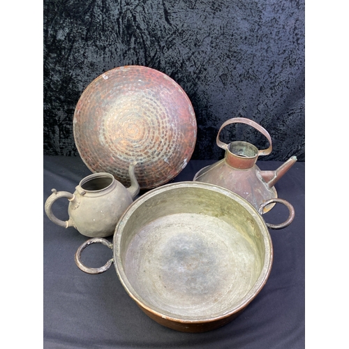 233 - Attractive antique copper flat pans and kettles