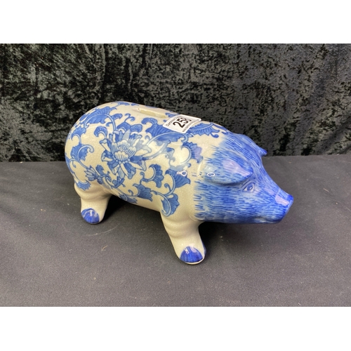 258 - Large blue and white ceramic piggy bank