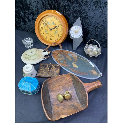 267 - A wooden kitchen wall clock, with studioware apple glazed flask, antique wooden scoop etc