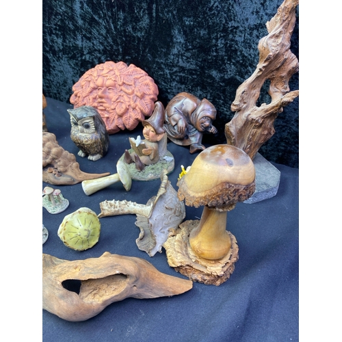 268 - Superb collection of mystical woodland items inc wooden carved mushrooms and toadstools, trolls etc