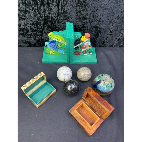 281 - A pair of colourful Sri Lanka bookends, glass paperweights and very attractive vase, exotic wood box... 