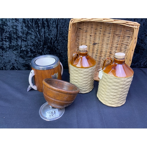 284 - Pretty wooden biscuit barrel and bowl with 2 earthenware flagons