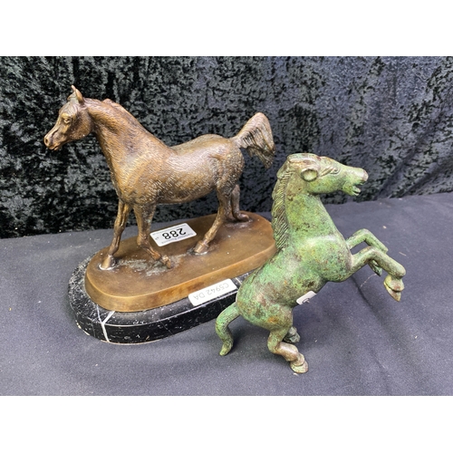 288 - Pair of gorgeous bronze horses in rearing and trotting poses, one on marble stand H15cm and 18cm app... 