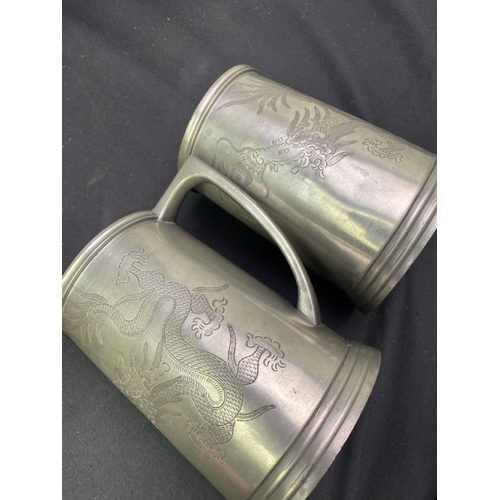 302 - Collection of pewter tankards from various eras, plus beaker and jug