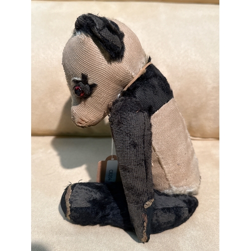 380 - Antique very well-loved kapok filed panda teddy bear, very little fur, amber eyes, stitched nose, 31... 