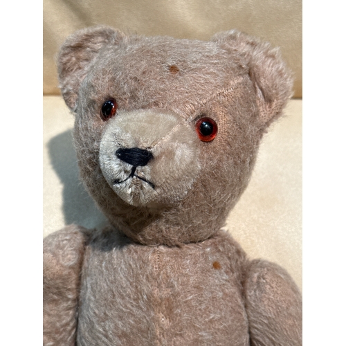 386 - Vintage / antique teddy bear with mohair, stitched nose, articulated limbs, likely wood wool filled,... 