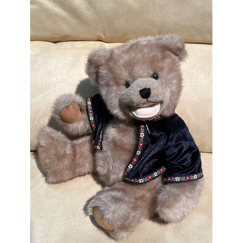 398 - Very happy fuzzy teddy bear on a velvet cape, articulated limbs, felt pads, stitched nose, smiley fa... 