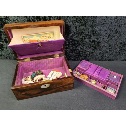 41 - Wooden sewing box with inset mother of pearl detail, fitted interior and contents