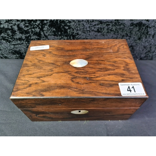 41 - Wooden sewing box with inset mother of pearl detail, fitted interior and contents