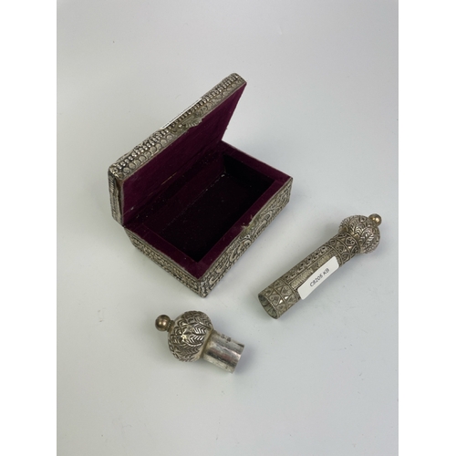 413 - Eastern white metal (possibly silver) scroll case (15.5cm long) and velvet lined box (4.5cm x 12cm x... 