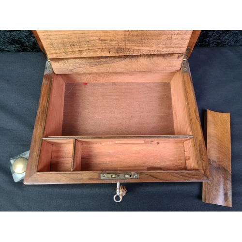 42 - Lockable writing slope with brass fitting and key and original ink well (one hinge a/f)